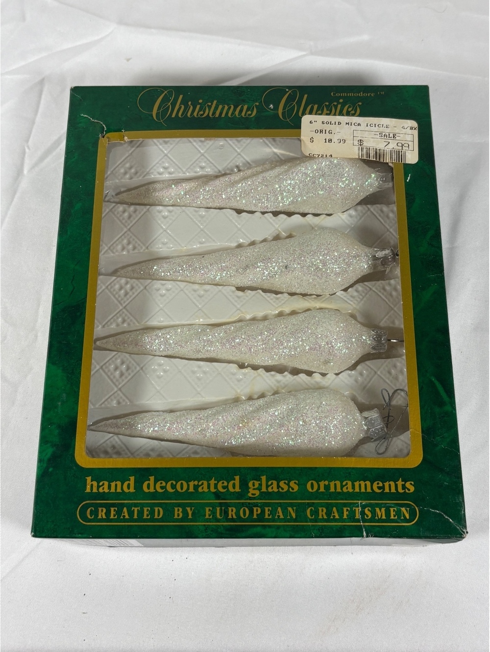 Commodore Classics 6" Solid Mica Icicle Glass Ornaments Set of 4